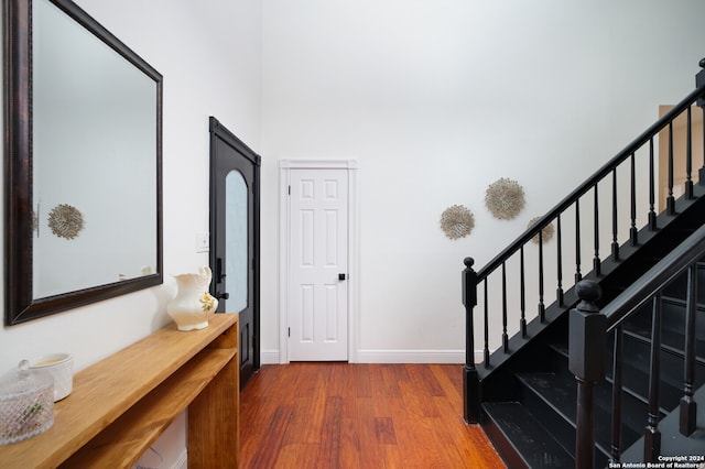 entryway featuring wood-type flooring and a high ceiling