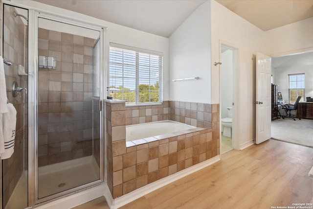 bathroom with toilet, plus walk in shower, a healthy amount of sunlight, and hardwood / wood-style flooring