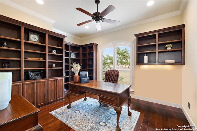 office featuring dark hardwood / wood-style flooring, ceiling fan, and crown molding