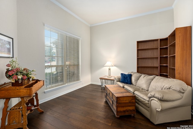 living room featuring crown molding and dark hardwood / wood-style floors