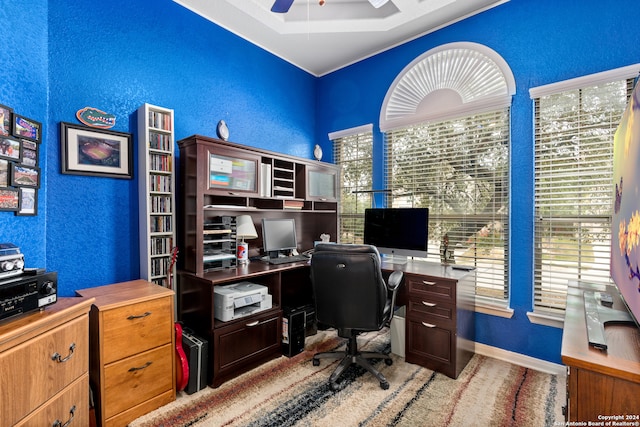 home office with ceiling fan, a raised ceiling, and a wealth of natural light