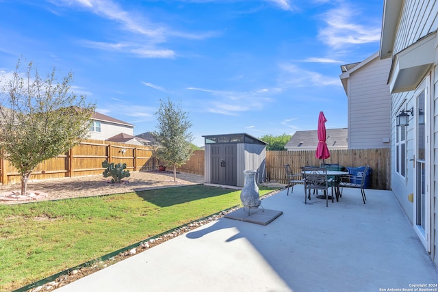 view of patio / terrace featuring a shed