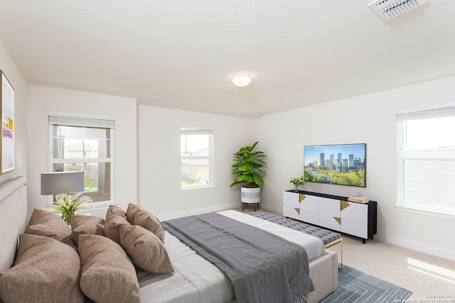 carpeted bedroom with a textured ceiling