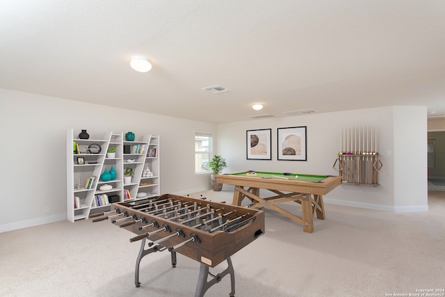 rec room featuring carpet flooring and billiards