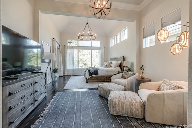 bedroom with lofted ceiling, crown molding, dark hardwood / wood-style floors, and an inviting chandelier