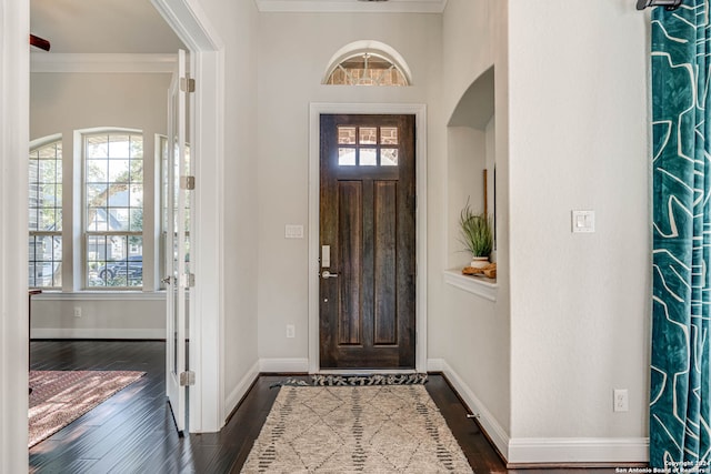 foyer with ornamental molding and dark wood-type flooring