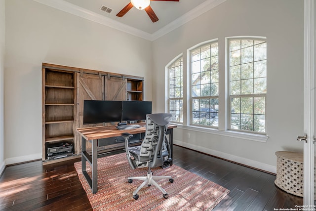 home office featuring crown molding, ceiling fan, and dark wood-type flooring