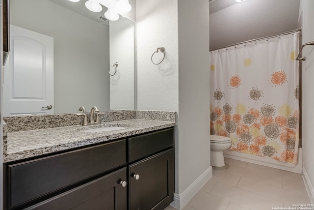 full bathroom with shower / bathtub combination with curtain, tile patterned floors, a textured ceiling, toilet, and vanity