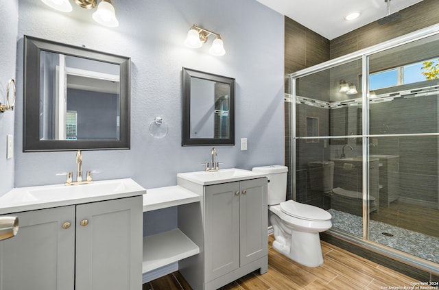 bathroom with vanity, an enclosed shower, and toilet