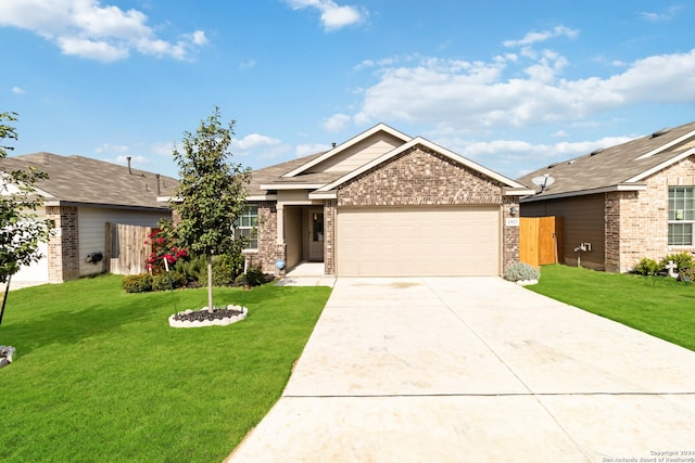 single story home featuring a garage and a front lawn