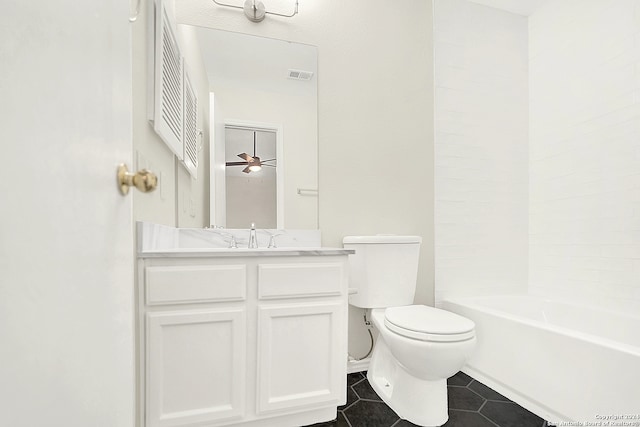 full bathroom featuring shower / bathing tub combination, vanity, tile patterned floors, ceiling fan, and toilet