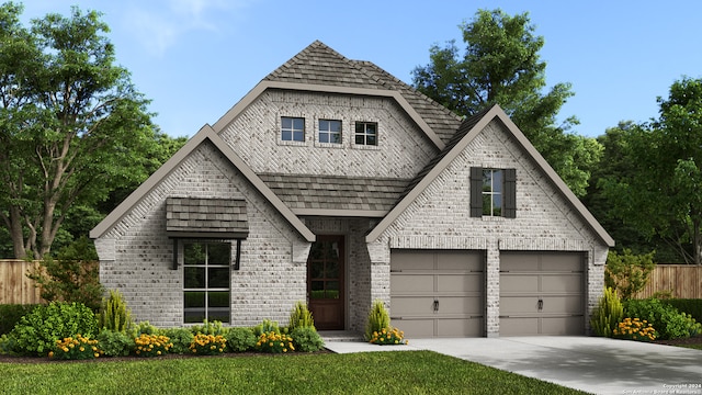 view of front facade with a front yard, brick siding, fence, and driveway