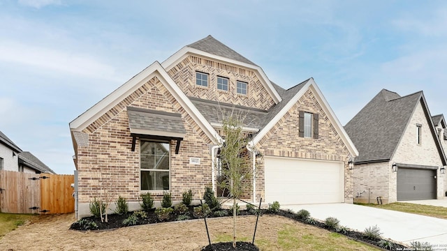 view of front facade featuring driveway, a shingled roof, fence, and brick siding