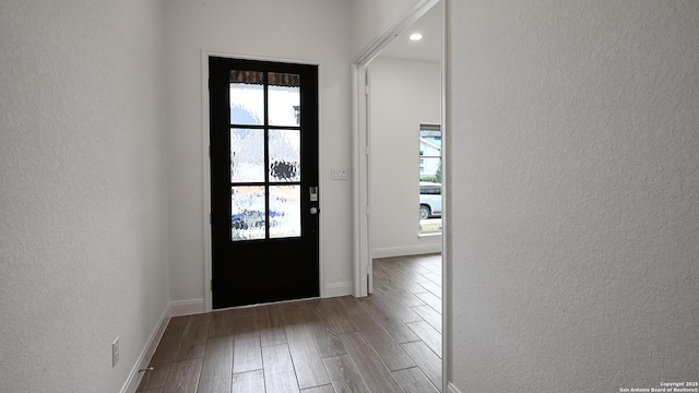 foyer with a healthy amount of sunlight, wood finished floors, and a textured wall