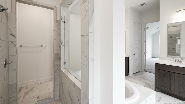 full bath featuring marble finish floor, a marble finish shower, and visible vents