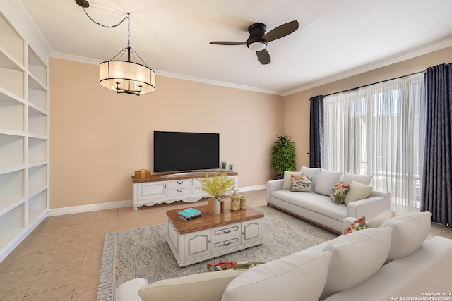 living room with crown molding, light tile patterned floors, and ceiling fan with notable chandelier