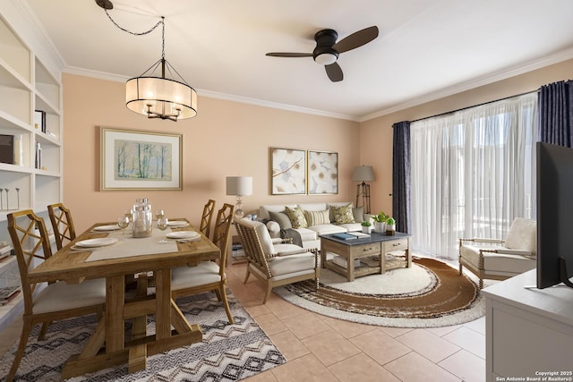 7711 Broadway Unit 16B, San Antonio, TX 78209 - dining space with a ceiling fan, crown molding, light tile patterned floors, and a chandelier