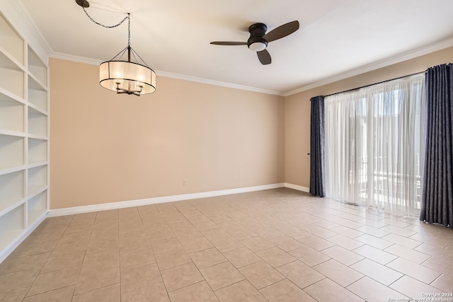 spare room featuring crown molding, ceiling fan with notable chandelier, built in features, and light tile patterned floors