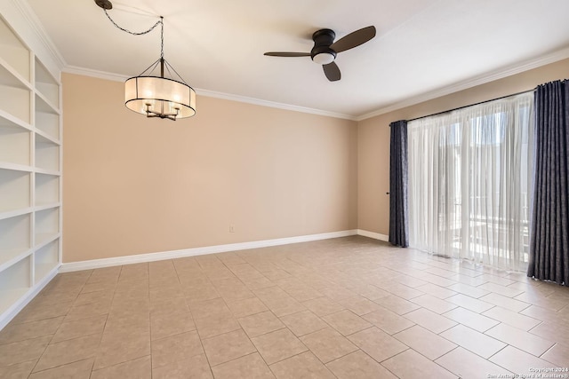7711 Broadway Unit 16B, San Antonio, TX 78209 - empty room with ceiling fan, ornamental molding, light tile patterned floors, a chandelier, and built in features