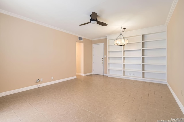7711 Broadway Unit 16B, San Antonio, TX 78209 - unfurnished room featuring ceiling fan, crown molding, built in shelves, baseboards, and light tile patterned flooring