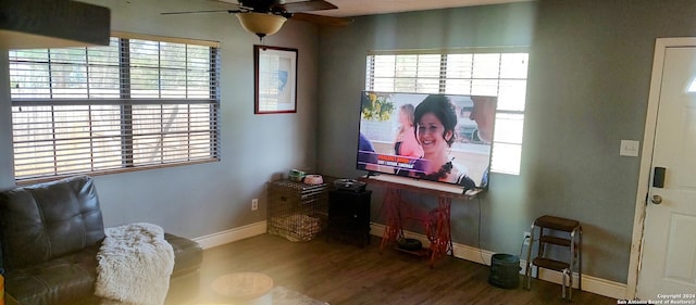 interior space featuring ceiling fan and dark wood-type flooring