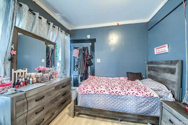 bedroom featuring light wood-type flooring and a closet