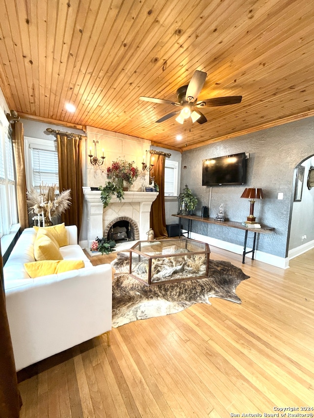 living room with ceiling fan, wooden ceiling, crown molding, and light hardwood / wood-style flooring