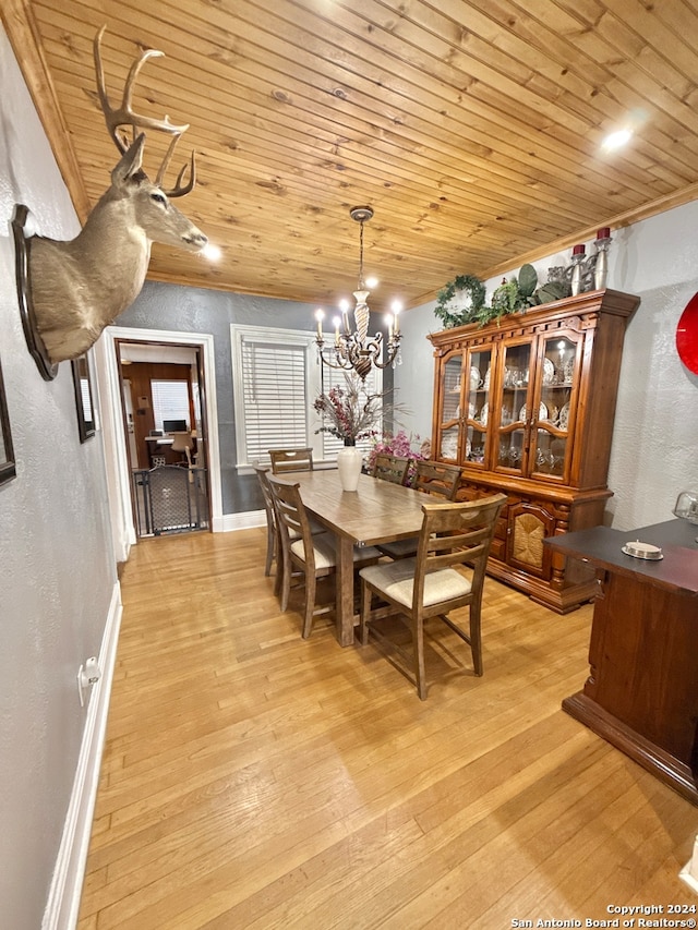 dining room featuring light hardwood / wood-style floors, a notable chandelier, and wood ceiling