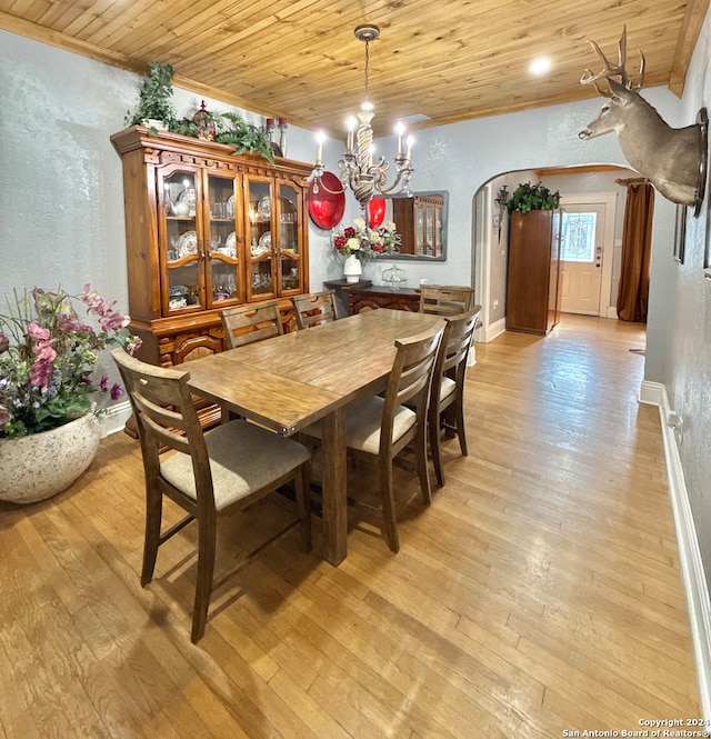 dining room with light wood-type flooring, a notable chandelier, and wood ceiling