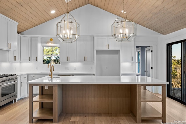 kitchen with light hardwood / wood-style floors, white cabinetry, wood ceiling, and a kitchen island with sink