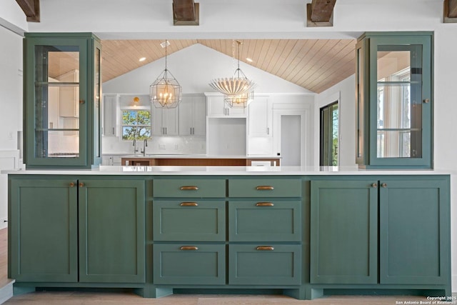 160 Mountain Way, Kerrville, TX 78028 - bathroom with lofted ceiling, a chandelier, wood ceiling, healthy amount of natural light, and double vanity