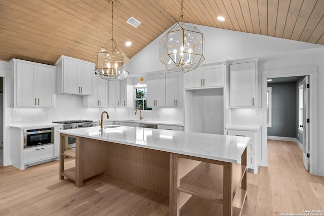 160 Mountain Way, Kerrville, TX 78028 - kitchen featuring a chandelier, stainless steel appliances, wooden ceiling, white cabinets, and light wood-style floors