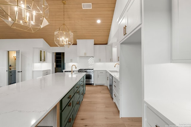 kitchen featuring light stone countertops, wooden ceiling, hanging light fixtures, and stainless steel appliances