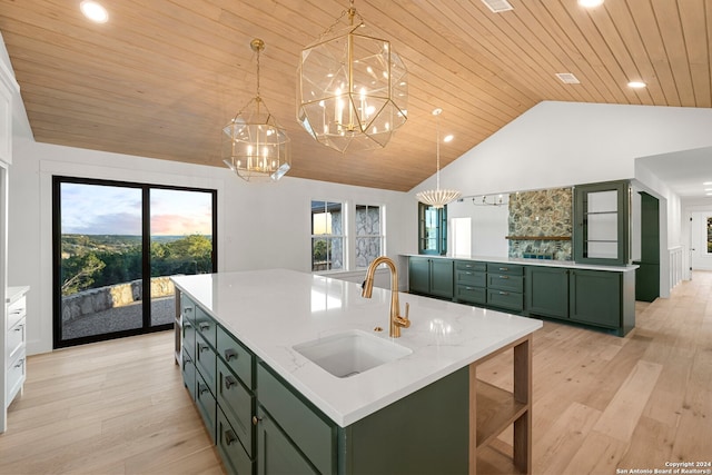 kitchen featuring green cabinets, sink, an island with sink, and wood ceiling