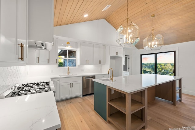 kitchen with white cabinets, light stone counters, a kitchen island with sink, wooden ceiling, and dishwasher