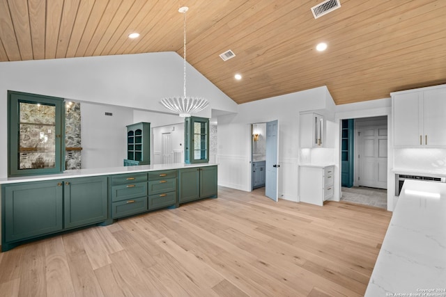 kitchen with pendant lighting, green cabinetry, wooden ceiling, light hardwood / wood-style floors, and white cabinetry