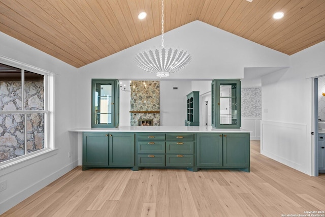 160 Mountain Way, Kerrville, TX 78028 - kitchen with green cabinets, lofted ceiling, wooden ceiling, light countertops, and a wainscoted wall