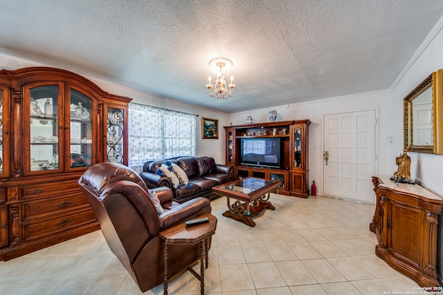 tiled living room featuring a textured ceiling, crown molding, and a notable chandelier