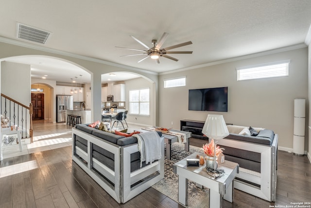 living room featuring ceiling fan with notable chandelier, crown molding, dark wood-type flooring, sink, and a fireplace