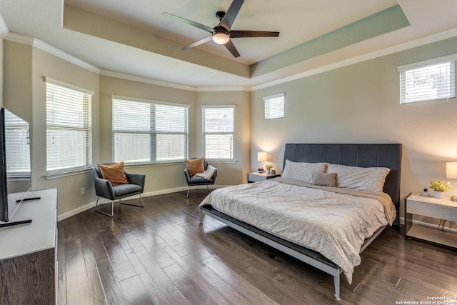 bedroom featuring ceiling fan, dark hardwood / wood-style flooring, ornamental molding, and a tray ceiling