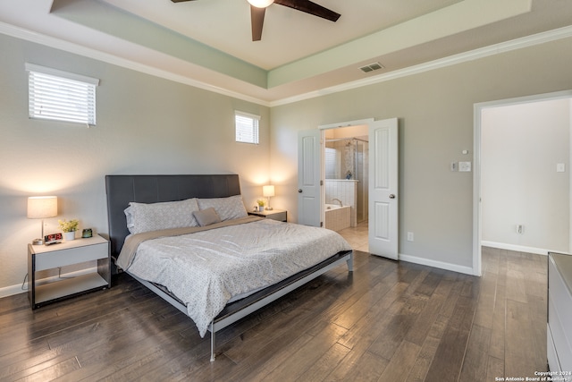 bedroom featuring multiple windows, ceiling fan, and dark wood-type flooring