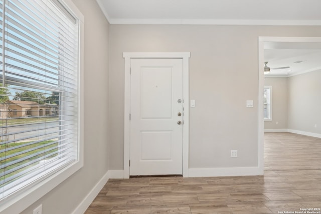 foyer entrance featuring plenty of natural light, light hardwood / wood-style floors, and crown molding