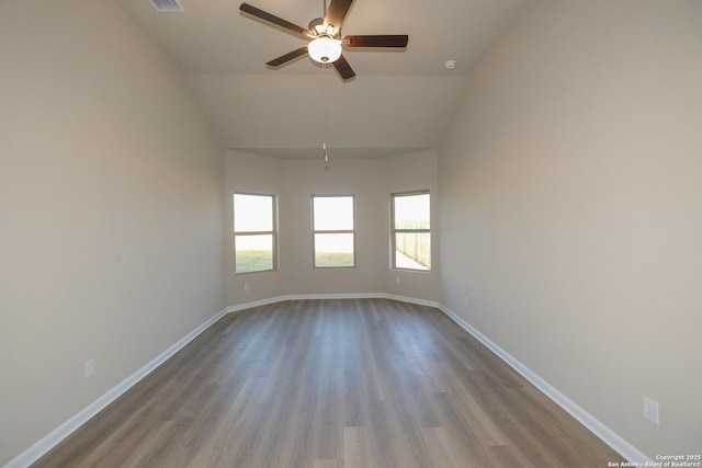 6727 Tasajillo Spg, San Antonio, TX 78253 - empty room with ceiling fan, wood finished floors, baseboards, and high vaulted ceiling