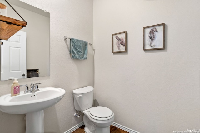 bathroom with hardwood / wood-style flooring and toilet