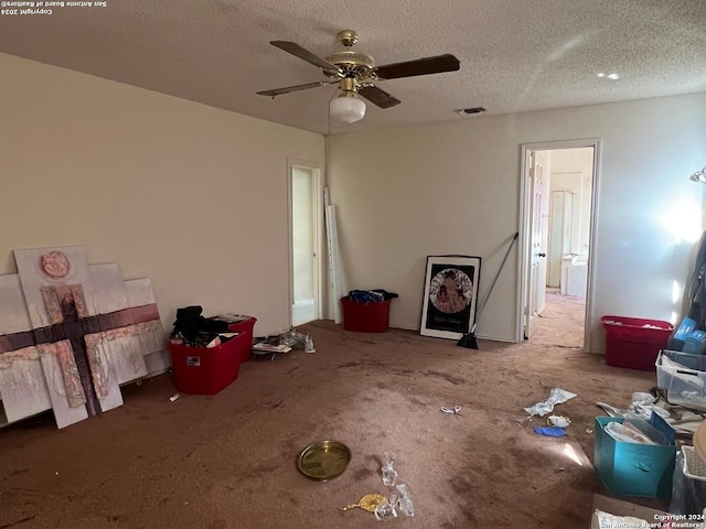 interior space with carpet flooring, ceiling fan, and a textured ceiling