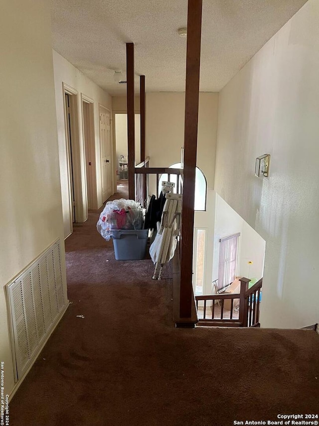 hallway featuring dark colored carpet, a textured ceiling, and a healthy amount of sunlight