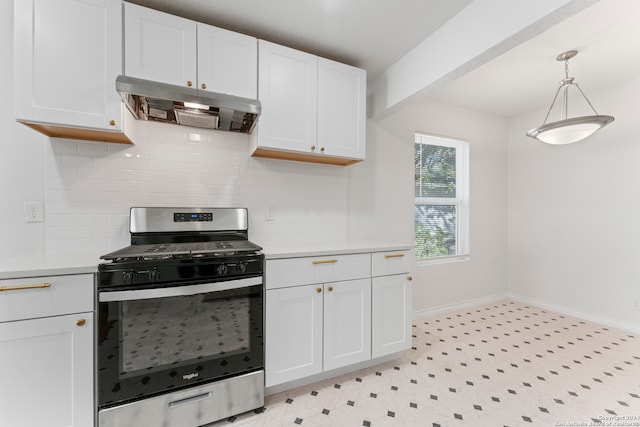 kitchen featuring tasteful backsplash, white cabinetry, stainless steel range with gas cooktop, and hanging light fixtures