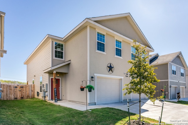 view of front facade with a front yard, a garage, and cooling unit