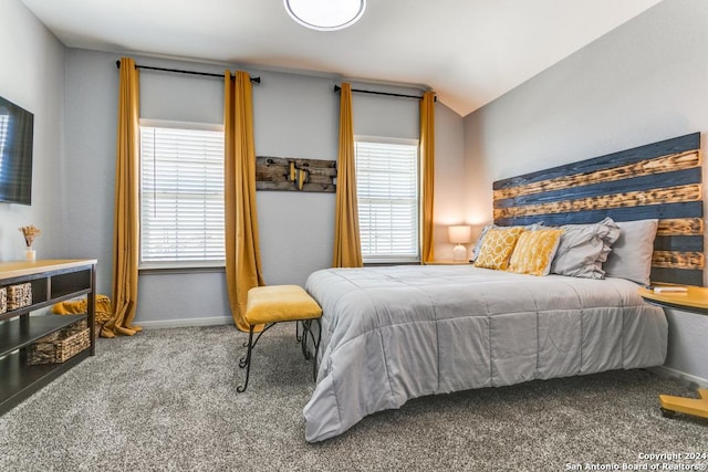 7544 Magnolia Vlg, San Antonio, TX 78252 - bedroom featuring multiple windows, carpet flooring, vaulted ceiling, and baseboards