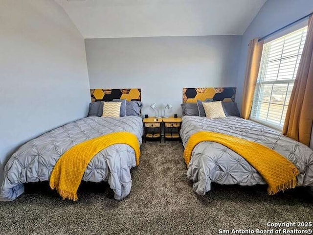 bedroom featuring lofted ceiling and dark colored carpet